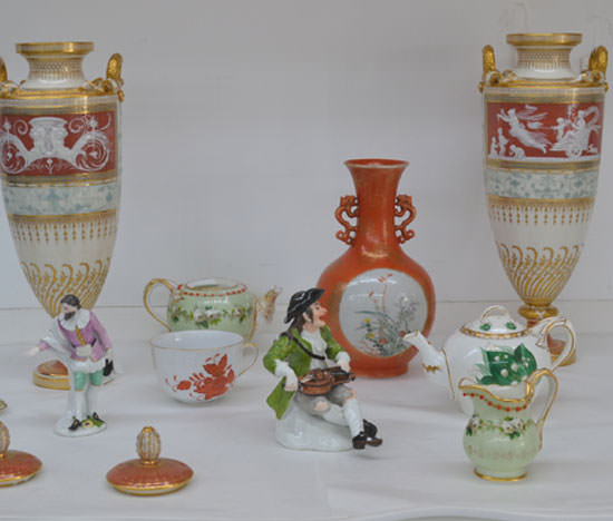 Collection of various porcelain items varying from Minton Pate sur Pate vases, Chinese vase, Belleek teapots and milk jug, Meissen figures and Herend porcelain teacup.